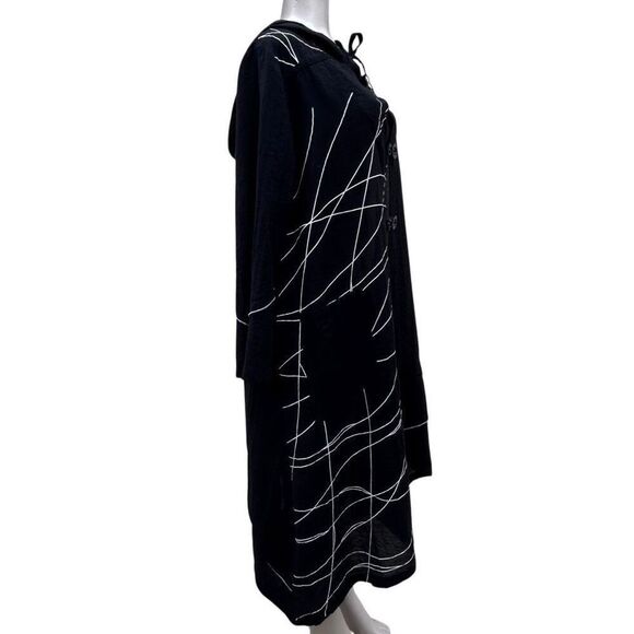 Tusso Hooded Duster Style Robe Women's Large Black White Open Front Abstract - Picture 3 of 11